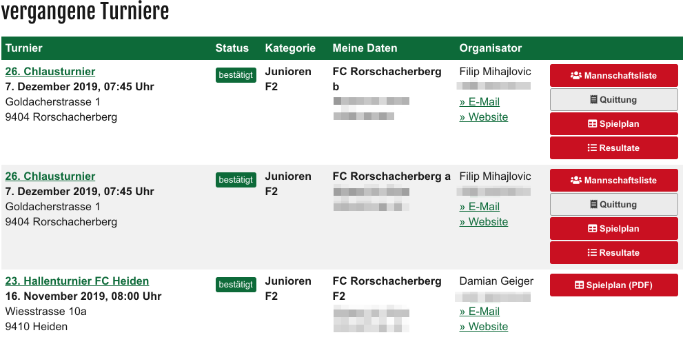 vergangene Turniere Mannschaftsliste Quittungen Spielpläne Resultate